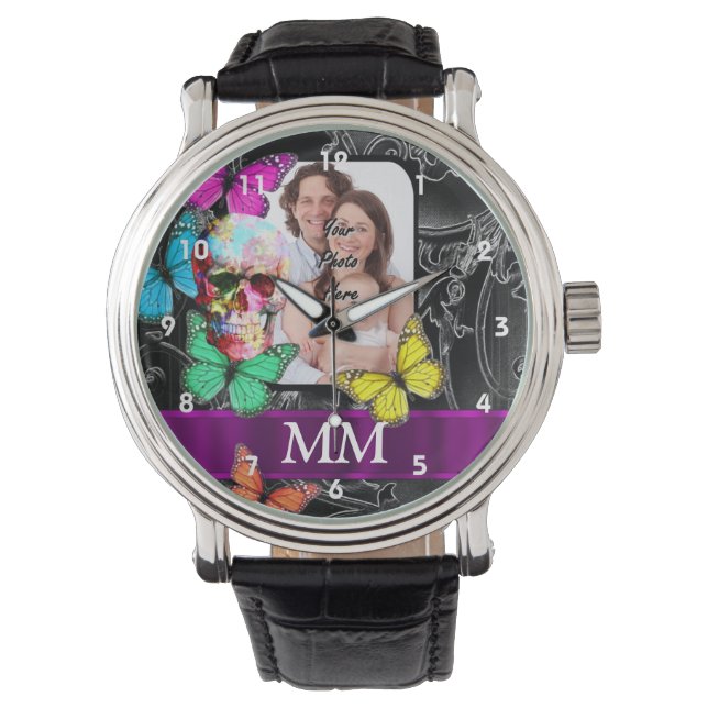 Blumenzuckerschädel, Schmetterlinge und Monogramm Armbanduhr (Vorderseite)