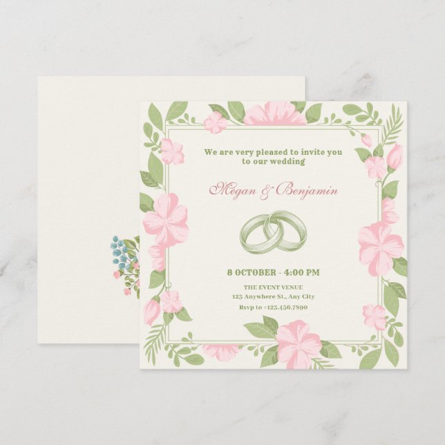 Blumenzunge Rosa grüne Pastellfarbe Einladung (Vorne/Hinten)