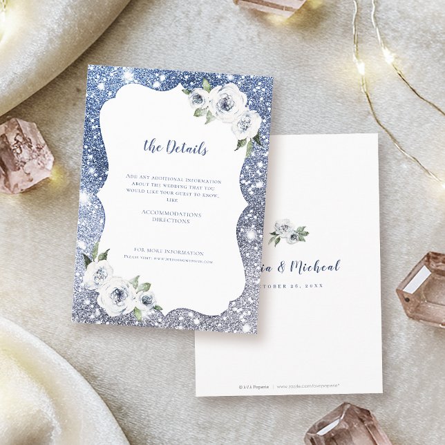 Blumenzwiebelblauer Glitzer Hochzeitsdetails Begleitkarte (Sparkle blue silver glitter floral Wedding Details Enclosure Card)