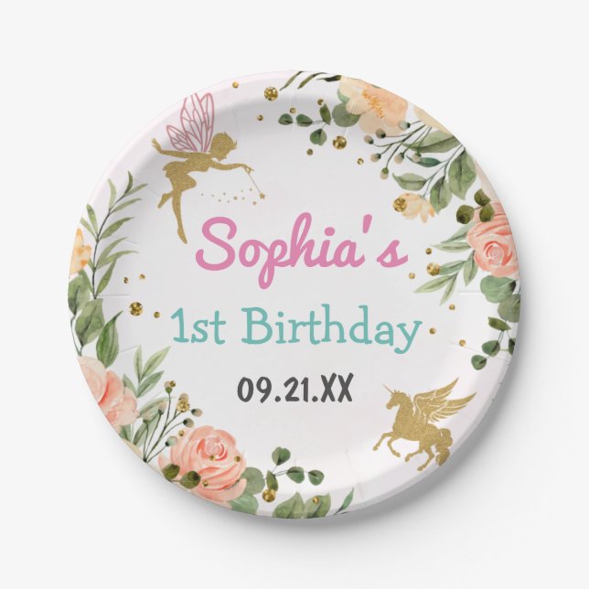 Blumenzwiebeln Glitzer 1. Geburtstag Pappteller (Vorderseite)