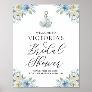 Blumig blaues maritimes Hochzeitsshower-Willkommen Poster