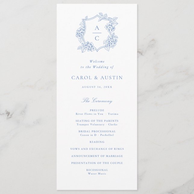 Blumig elegante blaue Hortensien-Hochzeitsprogramm Programm (Vorderseite)