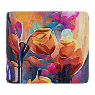 Blumige abstrakte Kunst Orange Rot Blaue Blumen Schneidebrett