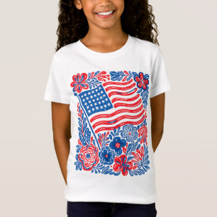 Blumige amerikanische Flagge Patriotisches T-Shirt