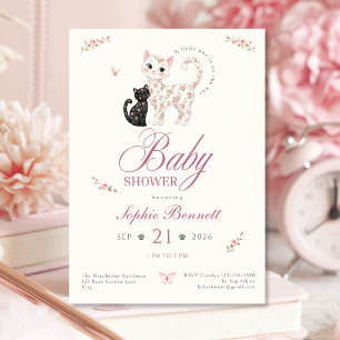 Blumige Babyparty-Einladung für Mädchen mit Katzen Einladung