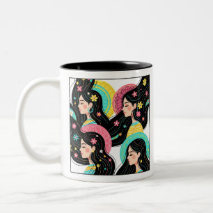 Blumige Bohemian-Frauen-Illustrations-Kunst druck  Zweifarbige Tasse