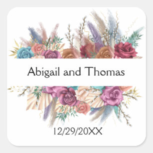Blumige Boho personalisierte trendige Hochzeit  Quadratischer Aufkleber
