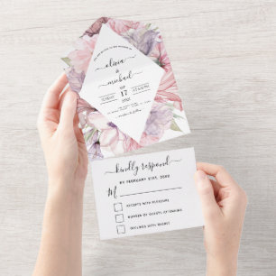 Blumige Boho-Staubrosa-lila Hochzeits-RSVP All In One Einladung