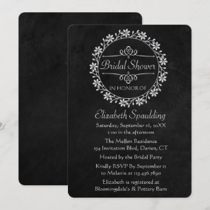 Blumige Brautparty Schwarz Tafel Graue Blumen Einladung