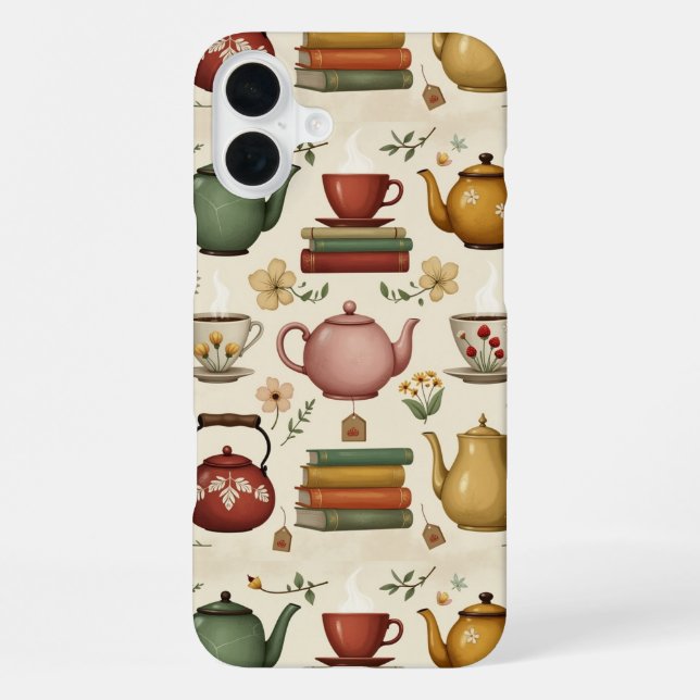 Blumige Bücher und Tee iPhone 16 Plus Hülle (Rückseite)