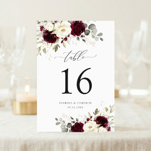 Blumige Burgunder-Weiß-Gold-Elegante Tischnummer