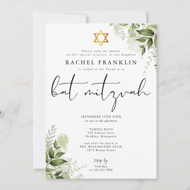 Blumige elegante Monogramm-Bat-Mizwa-Feier Einladung (Vorderseite)