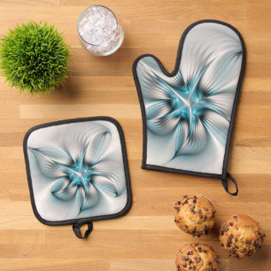 Blumige Eleganz Moderne Abstrakte Blaue Fraktal-Ku Ofenhandschuh & Topflappen-Set
