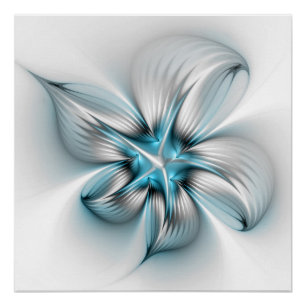 Blumige Eleganz Moderne Abstrakte Blaue Fraktal-Ku Poster