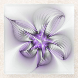 Blumige Eleganz Moderne Abstrakte Violette Fraktal Glasuntersetzer