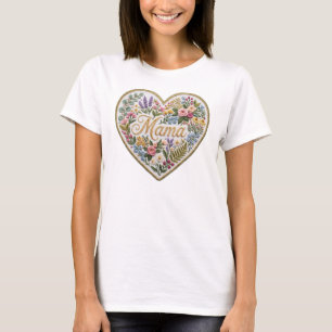 Blumige falsche Stickerei Herz Mama T-Shirt