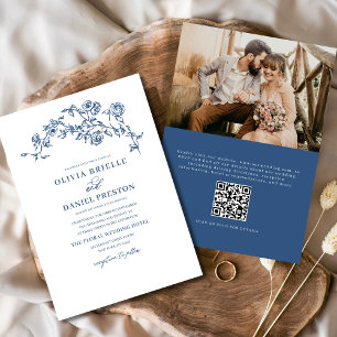 Blumige französische Foto-QR-Code-Hochzeit in Mari Einladung