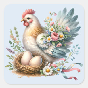 Blumige Henne mit Eiern Vintage-Landhaus-Charme Quadratischer Aufkleber