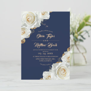 Blumige Hochzeit in Navy Blau und Weißen Rosen Einladung