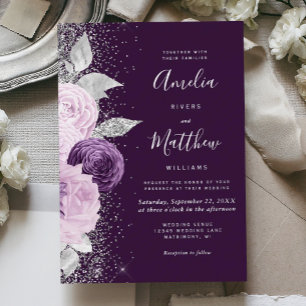 Blumige Hochzeit in Tiefpurpur mit Silberglitter Folieneinladung