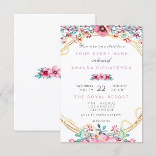 Blumige Hochzeitstags-Gold-Rosa-Perlen Süß Weiß Einladung