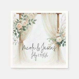 Blumige hölzerne Bogengrünrosen rustikale Hochzeit Serviette