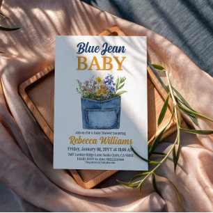 Blumige Jeans-Tasche Gelb Blau Baby-Party-Einladun Einladung