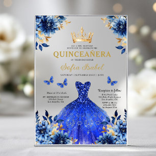 Blumige königliche blaue Schmetterlings-Prinzessin Acryleinladungen