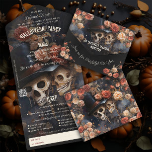 Blumige küssende Skelette Erwachsenes Halloween All In One Einladung