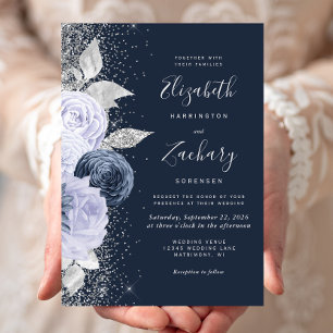 Blumige Navy-Blau-Lila-Silber-Glitter-Hochzeit Einladung