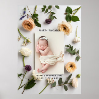Blumige Neugeborenen-Name-Geburtsstatistik-Foto Poster