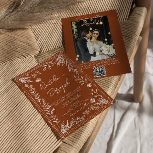 Blumige Orange Terrakotta Foto QR Code Hochzeit Einladung