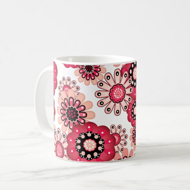 Blumige rustikale Retro Rot-Weiß Kaffeetasse (Vorderseite Links)