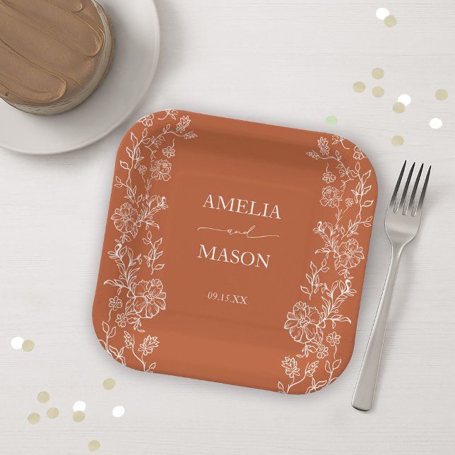Blumige Rustikale Terrakotta-Papier-Hochzeit  Pappteller (Floral Rustic Terracotta Paper Wedding Paper Plates)