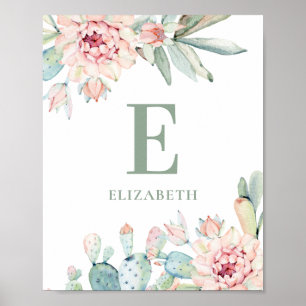 Blumige Sukkulenten Baby-Monogramm. Kaktus-Kinderz Poster