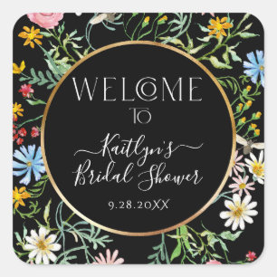 Blumige Wildblumen Boho Willkommen Schwarze Brautp Quadratischer Aufkleber