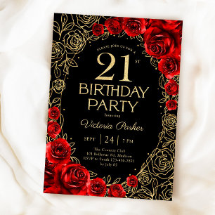 Blumiger 21. Geburtstag Rot Schwarz Gold Einladung