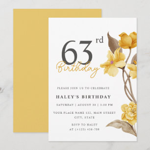 Blumiger Chic Elegant Einfach Gelb 63. Geburtstag Einladung