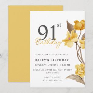 Blumiger Chic Elegant Einfach Gelb 91. Geburtstag Einladung