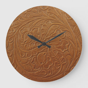 Blumiger Cowboy-Western-Dekor, braunes Leder. Große Wanduhr