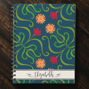 Blumiger Damast Sonnenblume Boho Navy Blau Volksku Notizblock