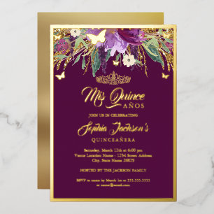 Blumiger funkelnder Amethyst Quinceanera Geburtsta Folieneinladung