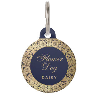 Blumiger Hund Goldene Rosen Marineblau Elegante Ho Haustiermarke