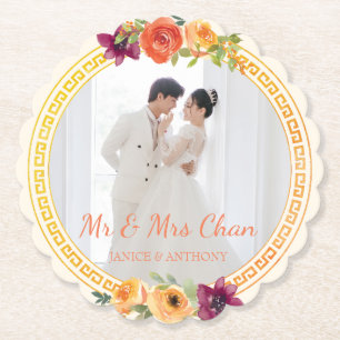 Blumiger Rahmen Paar Foto beige Hochzeit Mr & Mrs Untersetzer