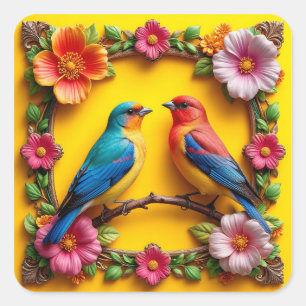 🐦 Blumiger Rahmen Singvögel Farbige Naturkunst 🐦 Quadratischer Aufkleber