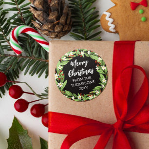Blumiger roter Beeren-Grünkränze-Merry-Christmas Runder Aufkleber