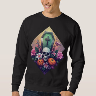 Blumiger Sarg-Totenkopf mit Kürbis-Pixelkunst Sweatshirt