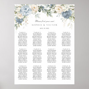 Blumiger Staubblauer Hochzeitssitzplan für 12 Tisc Poster