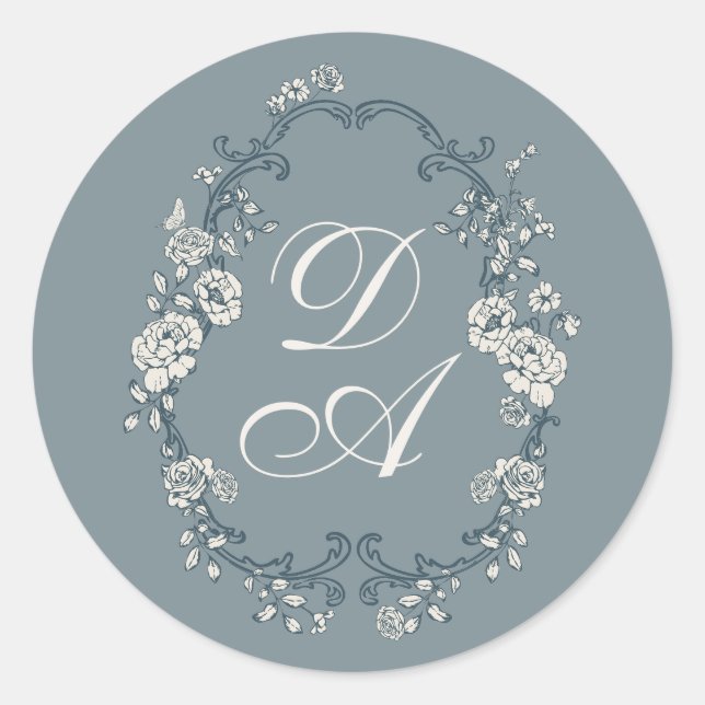 Blumiger Staubblauer Monogramm-Sticker Runder Aufkleber (Vorderseite)