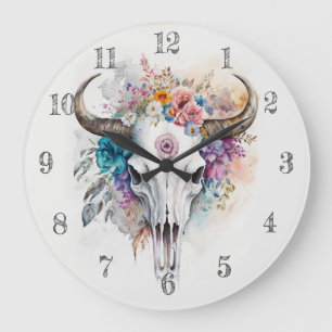 Blumiger Stier-Schädel-Wasserfarben-Kunst Große Wanduhr